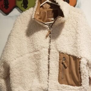 Cream Sherpa Zip-Up Jacket Faux Leather Accents Size Small